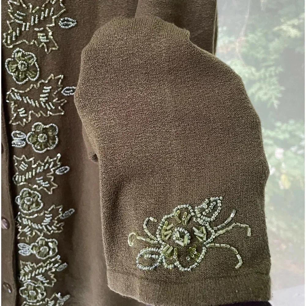 2pc Dress Barn Moss green sweater set. Embellished front & sleeve, button down. - Picture 5 of 7